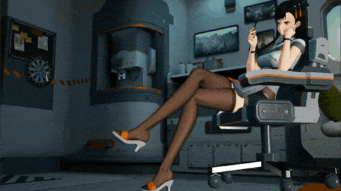 a woman sits in a chair with her legs crossed in front of a dart board with the letter h