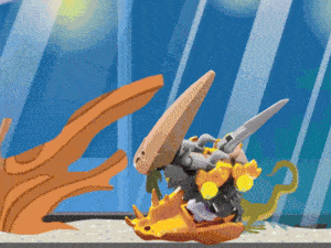a cartoon drawing of a robot and a squid in an aquarium