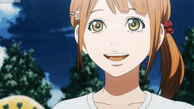 a girl with a ponytail and green eyes is smiling in a cartoon