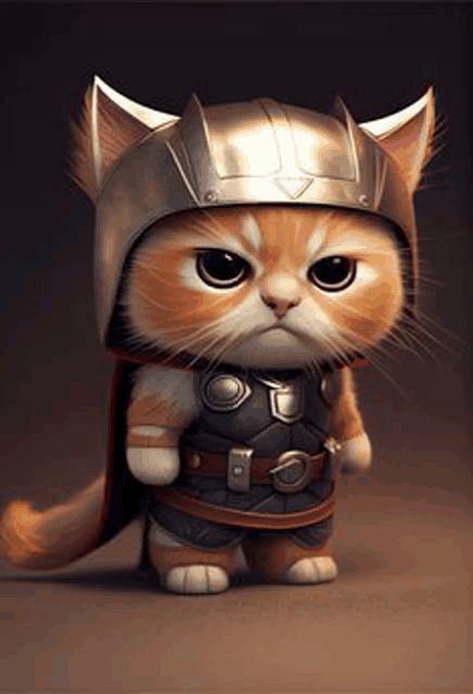 a cat wearing a helmet and armor is standing on a brown surface .