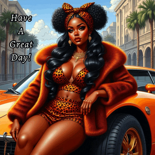 a woman in a fur coat sits on the wheel of an orange car with the words have a great day written below her