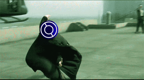 a person with a blue circle on their head is dancing in front of a helicopter .