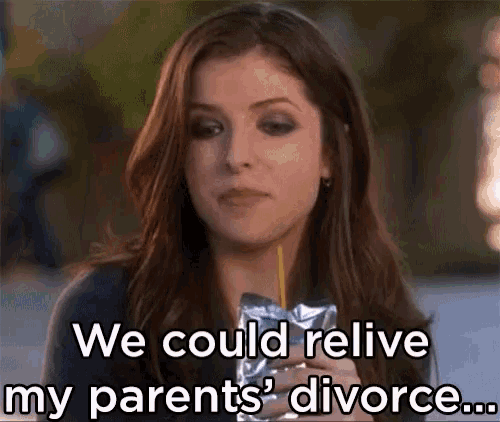 a woman is drinking a juice through a straw and says we could relive my parents ' divorce .