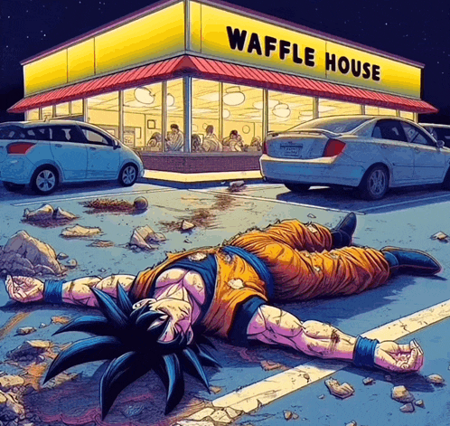 a cartoon drawing of goku laying in front of a waffle house