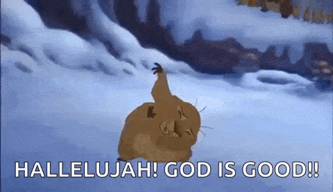 a cartoon hamster is standing in the snow with the words hallelujah ! god is good !