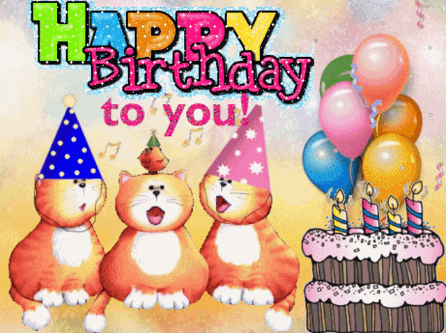 a birthday card with three cats singing and a cake