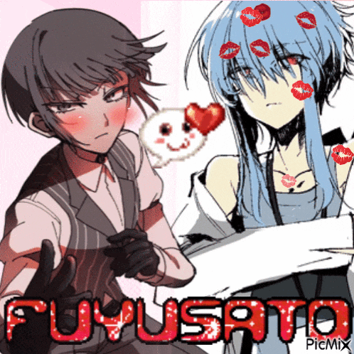 a couple of anime characters standing next to each other with fuyusato written in red