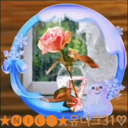 a pink rose in a vase with snowflakes and a snowman