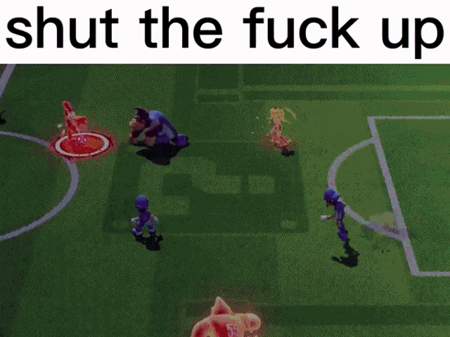 a soccer field with the words shut the fuck up on the top