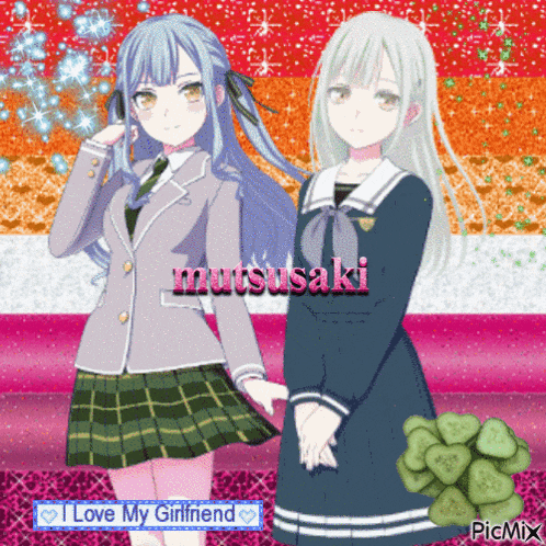 two anime girls are standing next to each other with matsusaki written on the top