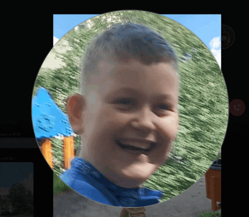a boy in a blue shirt is smiling in a circle in front of a playground