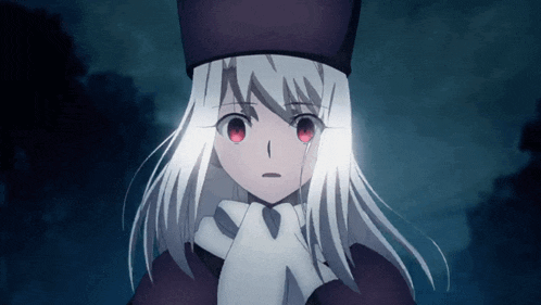 a girl with white hair and red eyes is wearing a hat