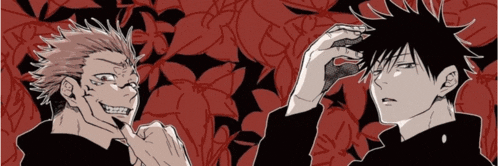 two anime characters are standing next to each other in front of a red background