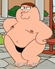a naked peter griffin from family guy is dancing in a bikini .