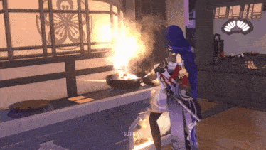 a video game character is cooking in a kitchen and the word suijin is visible in the corner