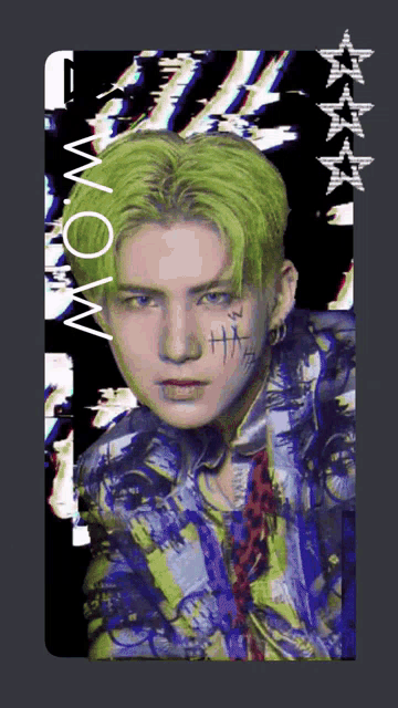 a poster of a man with green hair and the words wow