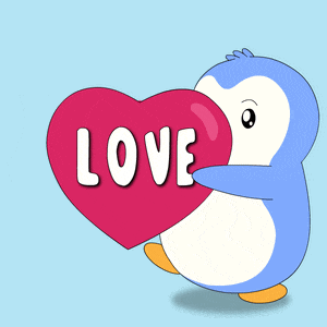 a penguin holding a heart that says love