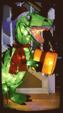 a green dinosaur with a red scarf around its neck is holding a gift