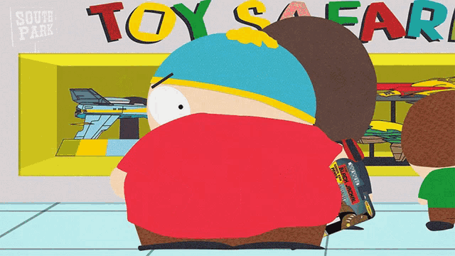a cartoon character from south park is looking at a toy safari