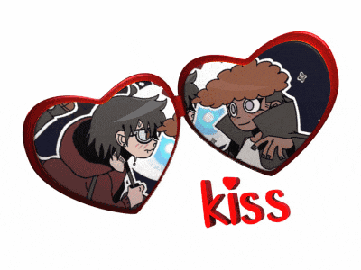 a couple of hearts with the word kiss in red
