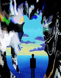 a painting of a man standing in front of a blue cat with the name perkins on the bottom right