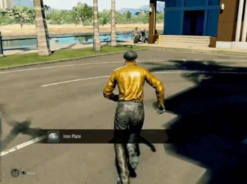 a man in a yellow jacket is running in a video game with an iron plate