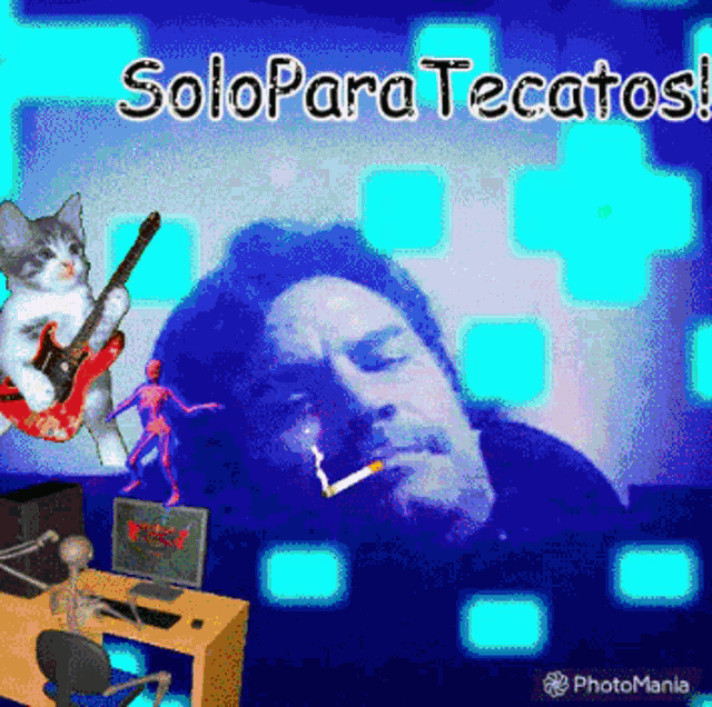 a man is smoking a cigarette and a cat is playing a guitar with the words solo para tecatos written above him