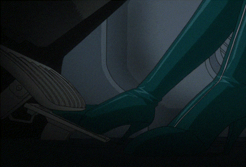 a cartoon drawing of a woman 's foot on a brake pedal with the letter s on it