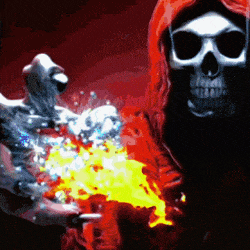 a drawing of a skeleton holding a fireball with a red background