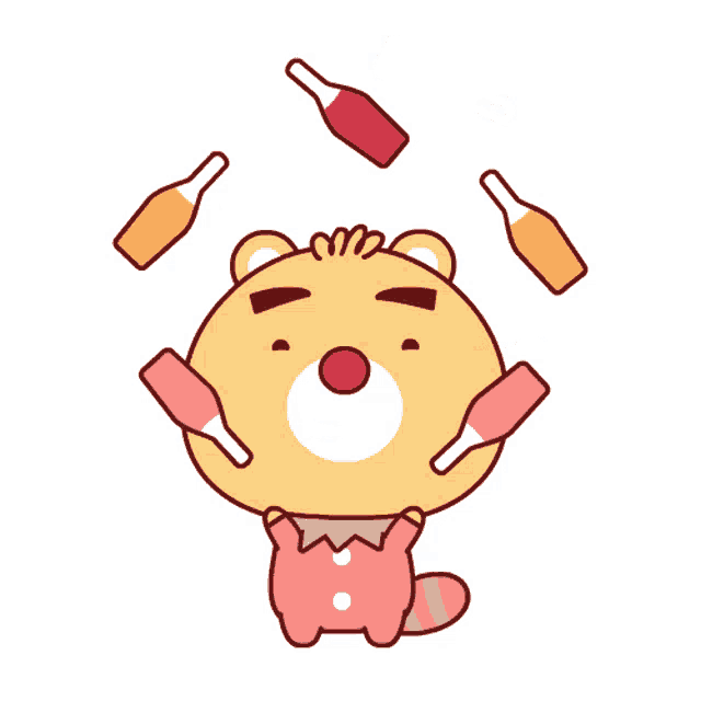 a cartoon of a bear juggling bottles with a ball in his mouth
