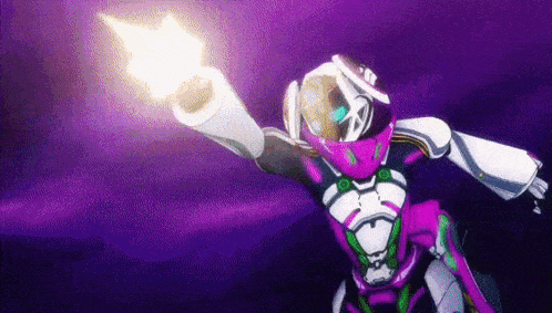 a robot in a purple suit is holding a gun in his hand .