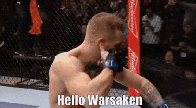 a man in a boxing ring with the words hello warsaken written on it
