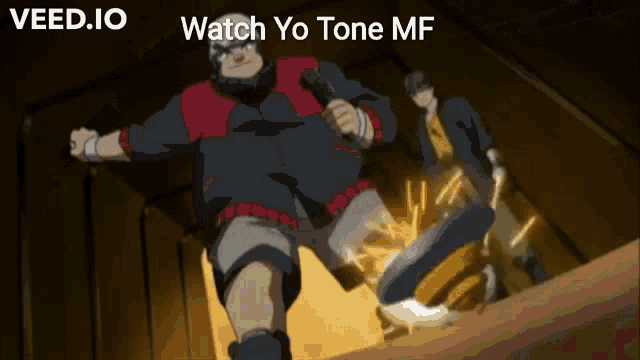 a cartoon of a man kicking another man with the words " watch yo tone mf " below him