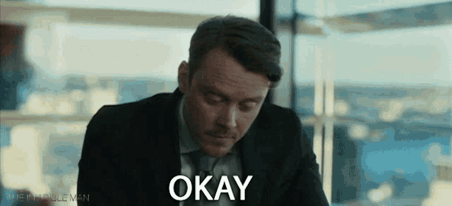a man in a suit and tie is sitting in front of a window and says okay