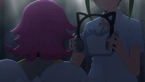 two anime girls are standing next to each other