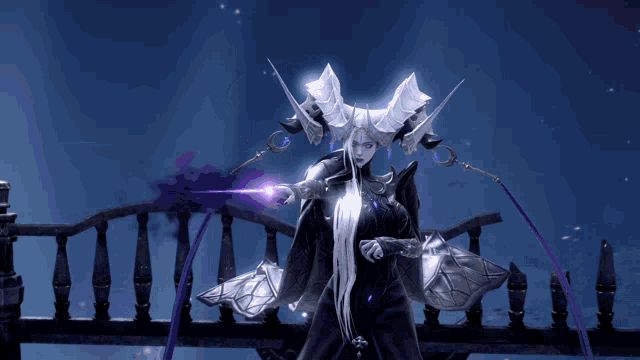 a woman with horns is holding a purple wand in her hand