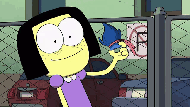 a cartoon character is holding a blue brush in front of a no parking sign