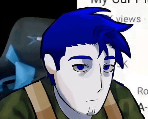 a drawing of a man with blue hair and a beard with the word views in the background