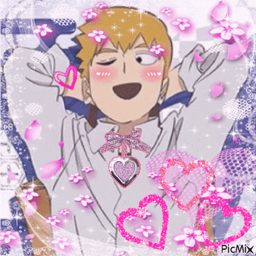 a picture of a boy with a heart necklace and flowers on his face