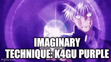 a man is holding a purple object in his hand with the words `` imaginary technique : k4gu purple '' .