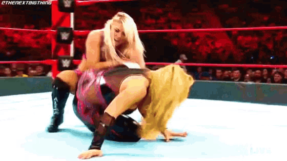 two women are wrestling in a wrestling ring with a crowd in the background .