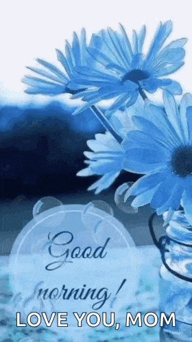 a picture of blue flowers in a vase with the words `` good morning , love you , mom '' .
