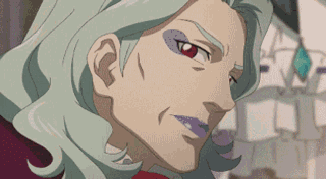 a close up of a cartoon character 's face with gray hair and red eyes