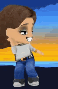 a cartoon of a girl standing in front of a sunset
