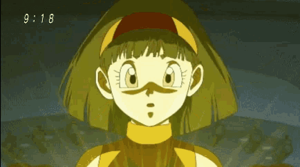 a girl with yellow hair and a mustache is shown on a screen with the time of 9:18