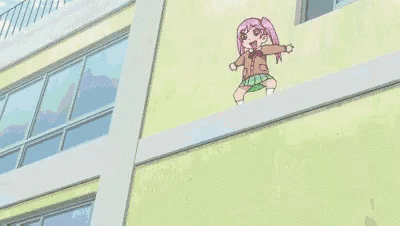 a group of anime girls are standing in front of a building holding a large stick .