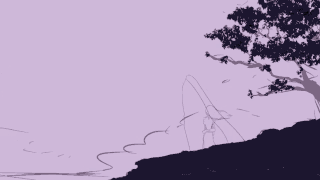 a drawing of a tree with purple leaves on a hillside