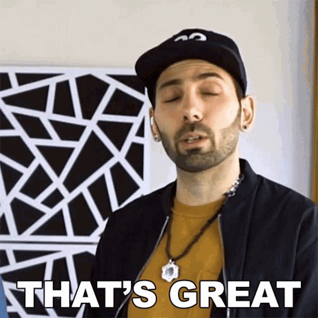 a man with a beard says that 's great in front of a geometric pattern
