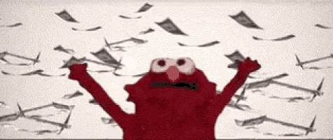 elmo from sesame street is surrounded by a lot of money