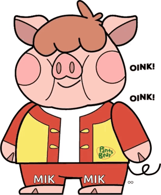 a cartoon drawing of a pig with pants bear on his jacket